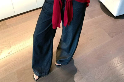 Lettering Print Denim Panel Crop Tube Top / High Rise Wide Leg Jeans / Plain Shawl