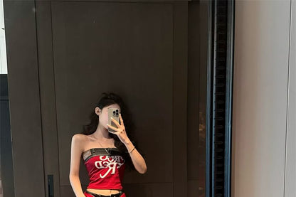 Lettering Print Denim Panel Crop Tube Top / High Rise Wide Leg Jeans / Plain Shawl