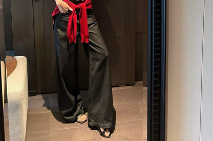 Lettering Print Denim Panel Crop Tube Top / High Rise Wide Leg Jeans / Plain Shawl