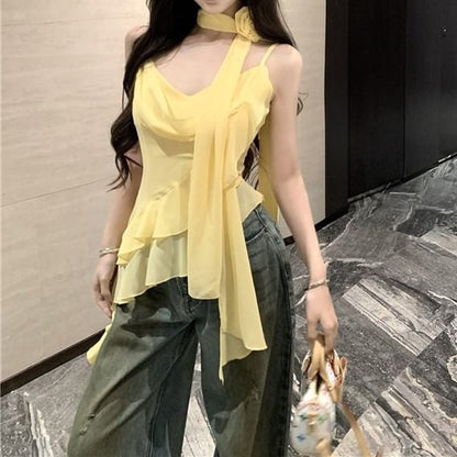Set: V-Neck Plain Asymmetrical Ruffle Hem Crop Camisole Top + Scarf