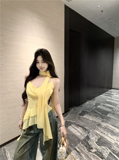 Set: V-Neck Plain Asymmetrical Ruffle Hem Crop Camisole Top + Scarf