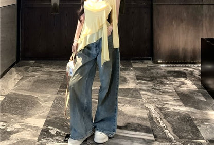 Set: V-Neck Plain Asymmetrical Ruffle Hem Crop Camisole Top + Scarf