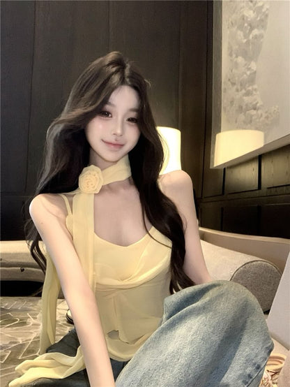 Set: V-Neck Plain Asymmetrical Ruffle Hem Crop Camisole Top + Scarf