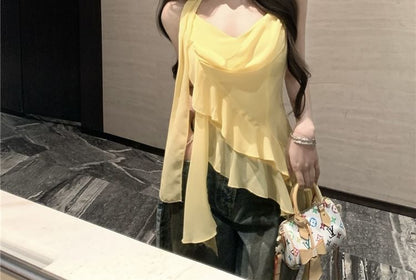 Set: V-Neck Plain Asymmetrical Ruffle Hem Crop Camisole Top + Scarf