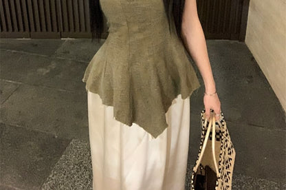 Scoop Neck Jacquard Asymmetrical Frayed Peplum Tank Top