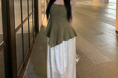 Scoop Neck Jacquard Asymmetrical Frayed Peplum Tank Top