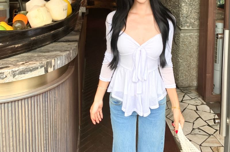 Set: V-Neck Plain Bow Accent Peplum Cami Top + Crop Cardigan