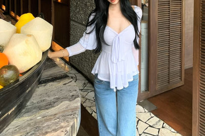 Set: V-Neck Plain Bow Accent Peplum Cami Top + Crop Cardigan