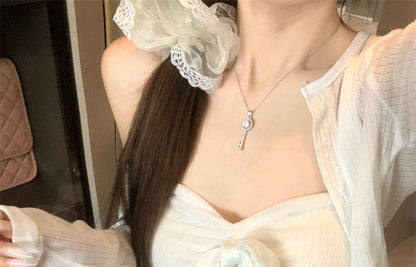 Sweetheart Neckline Plain Bow Accent Flowy Tube Top / Round Neck Button-Up Crop Cardigan