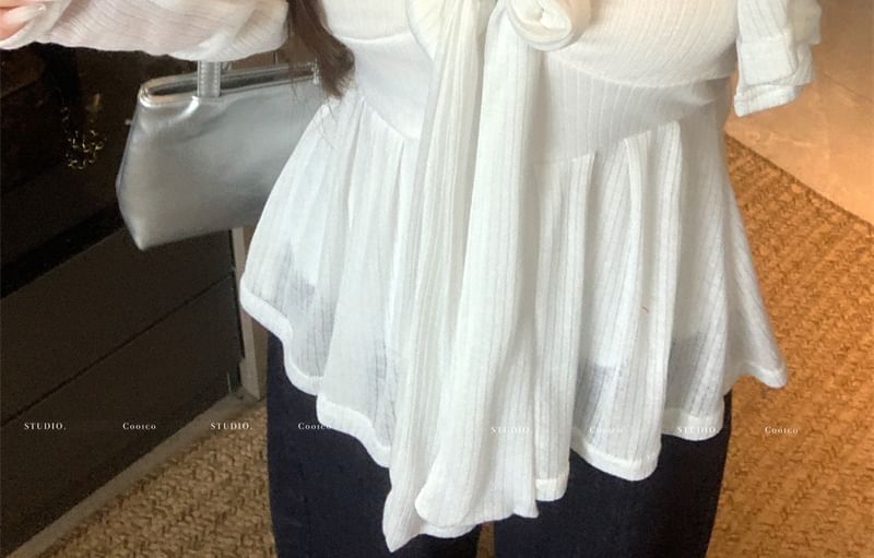 Sweetheart Neckline Plain Bow Accent Flowy Tube Top / Round Neck Button-Up Crop Cardigan