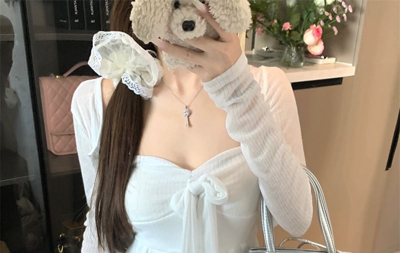 Sweetheart Neckline Plain Bow Accent Flowy Tube Top / Round Neck Button-Up Crop Cardigan