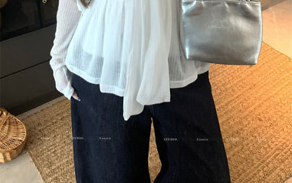 Sweetheart Neckline Plain Bow Accent Flowy Tube Top / Round Neck Button-Up Crop Cardigan