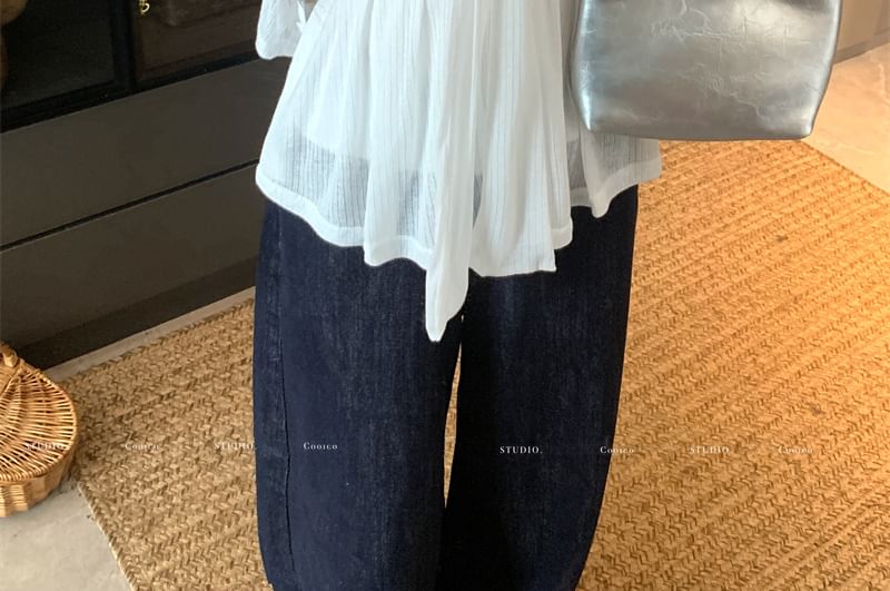 Sweetheart Neckline Plain Bow Accent Flowy Tube Top / Round Neck Button-Up Crop Cardigan