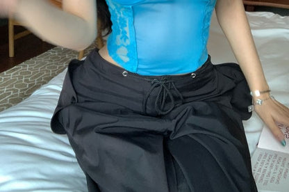 V-Neck Lace Panel Bow Accent Sheer Crop Camisole Top