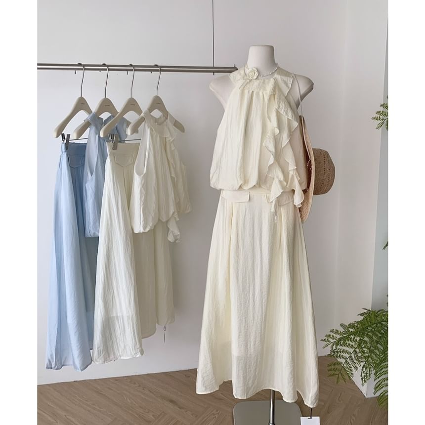 Set: Halter Plain Ruffle Blouse + High Rise Midi A-Line Skirt