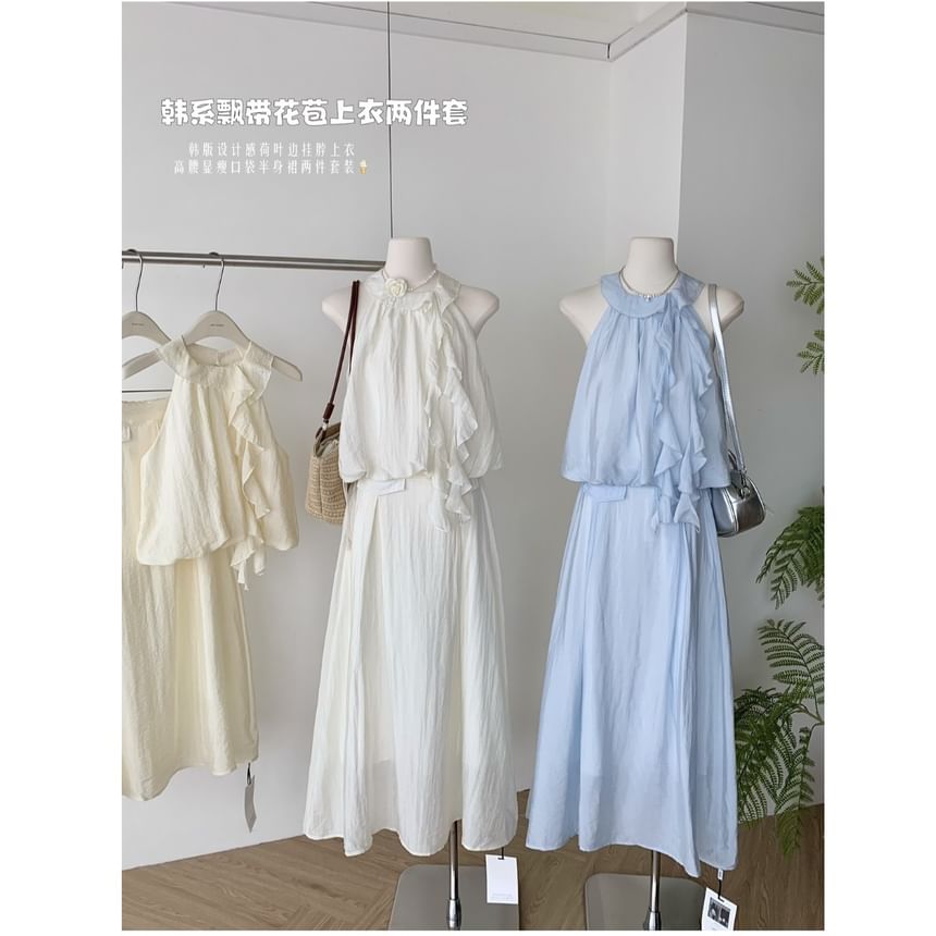 Set: Halter Plain Ruffle Blouse + High Rise Midi A-Line Skirt