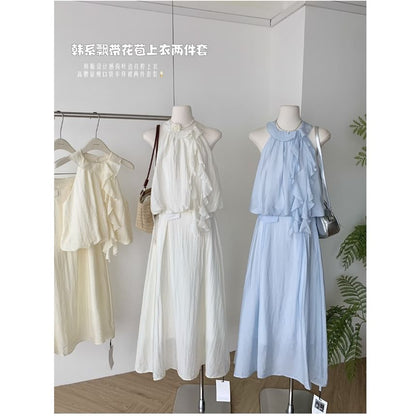 Set: Halter Plain Ruffle Blouse + High Rise Midi A-Line Skirt