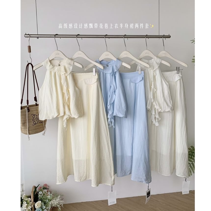 Set: Halter Plain Ruffle Blouse + High Rise Midi A-Line Skirt