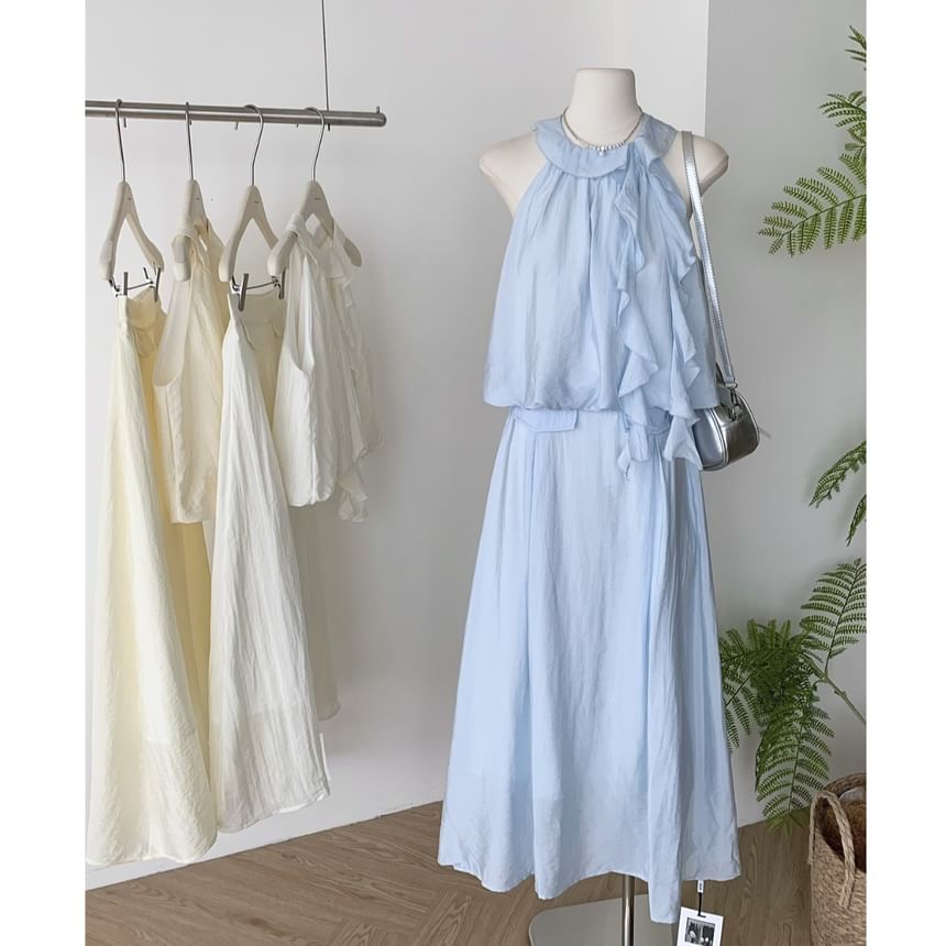 Set: Halter Plain Ruffle Blouse + High Rise Midi A-Line Skirt