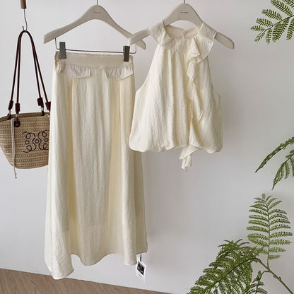 Set: Halter Plain Ruffle Blouse + High Rise Midi A-Line Skirt