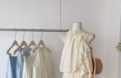 Set: Halter Plain Ruffle Blouse + High Rise Midi A-Line Skirt