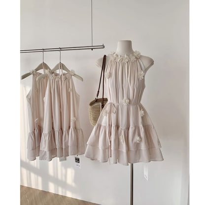 Halter Plain Flower Detail Ruffle Mini Sundress