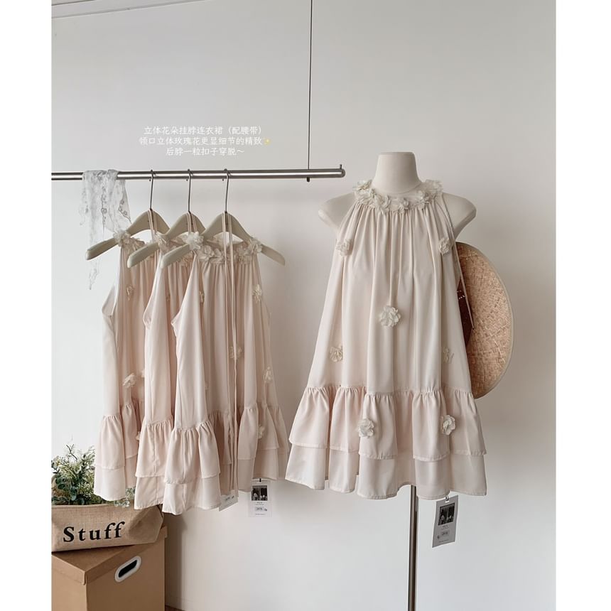 Halter Plain Flower Detail Ruffle Mini Sundress