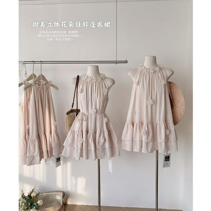 Halter Plain Flower Detail Ruffle Mini Sundress