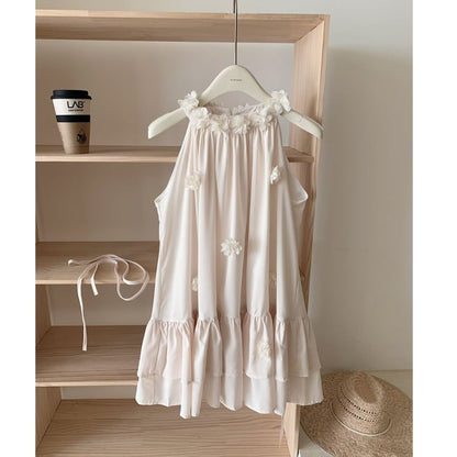 Halter Plain Flower Detail Ruffle Mini Sundress