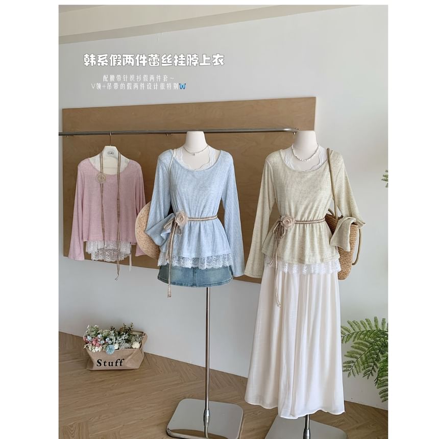 Long-Sleeve Round Neck Plain Lace Trim Tee