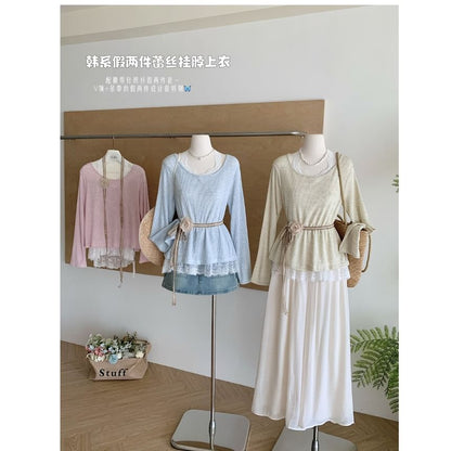 Long-Sleeve Round Neck Plain Lace Trim Tee