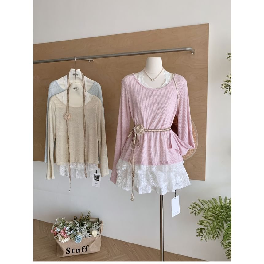 Long-Sleeve Round Neck Plain Lace Trim Tee