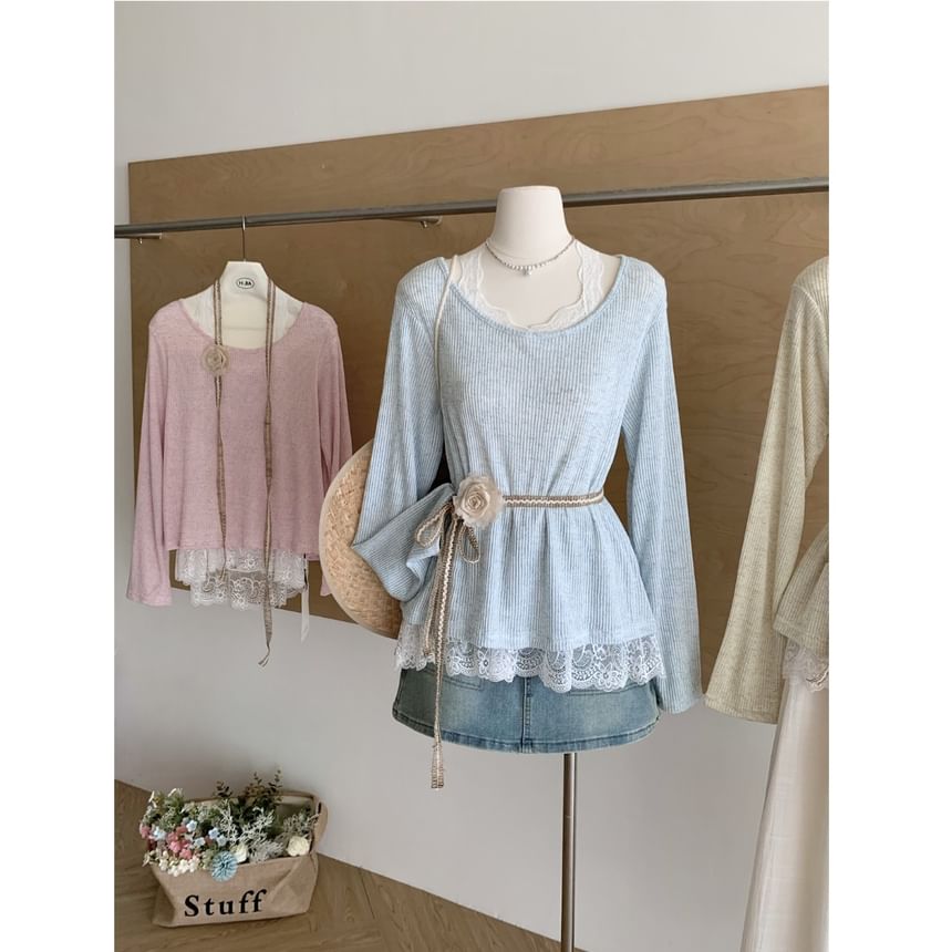 Long-Sleeve Round Neck Plain Lace Trim Tee