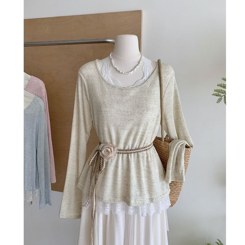 Long-Sleeve Round Neck Plain Lace Trim Tee