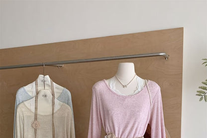 Long-Sleeve Round Neck Plain Lace Trim Tee