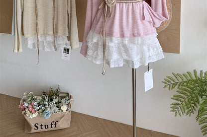 Long-Sleeve Round Neck Plain Lace Trim Tee