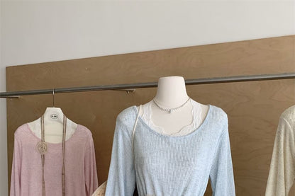 Long-Sleeve Round Neck Plain Lace Trim Tee