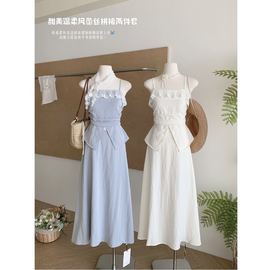 Set: Plain Front-Slit Lace Trim Camisole Top + High Rise Midi A-Line Skirt