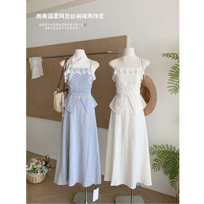 Set: Plain Front-Slit Lace Trim Camisole Top + High Rise Midi A-Line Skirt