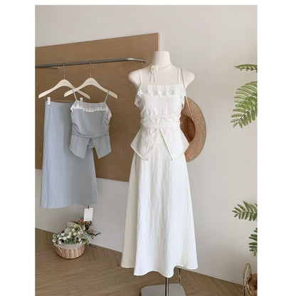 Set: Plain Front-Slit Lace Trim Camisole Top + High Rise Midi A-Line Skirt