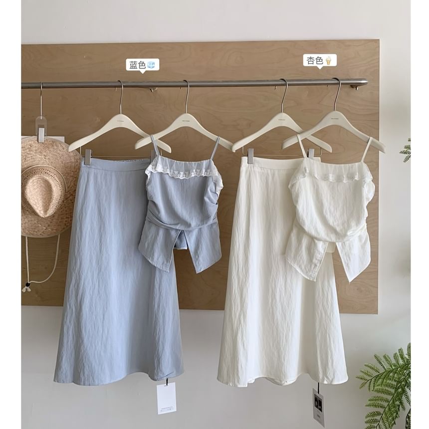 Set: Plain Front-Slit Lace Trim Camisole Top + High Rise Midi A-Line Skirt