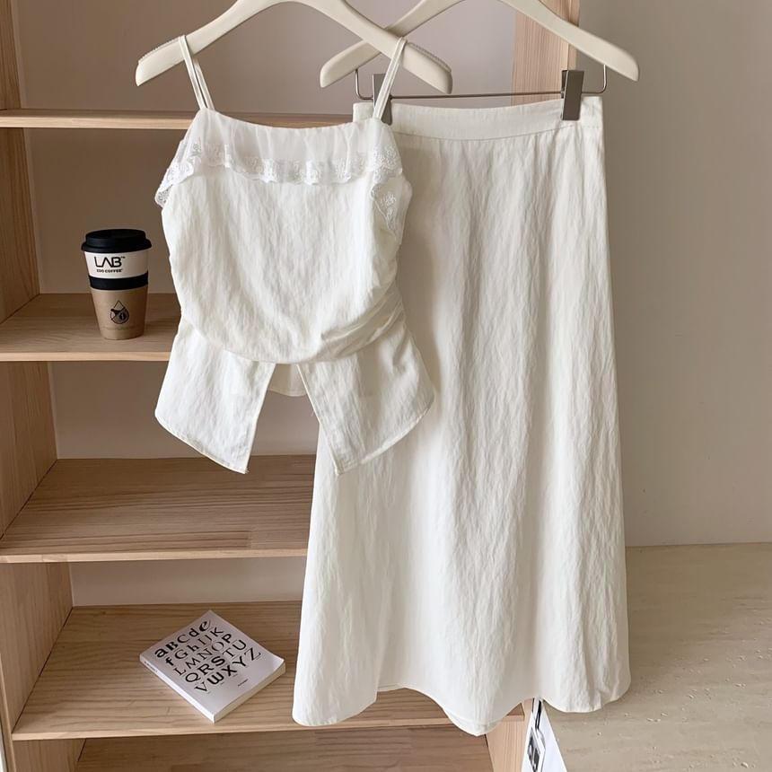 Set: Plain Front-Slit Lace Trim Camisole Top + High Rise Midi A-Line Skirt