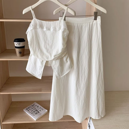 Set: Plain Front-Slit Lace Trim Camisole Top + High Rise Midi A-Line Skirt