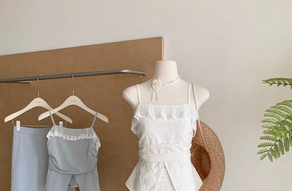 Set: Plain Front-Slit Lace Trim Camisole Top + High Rise Midi A-Line Skirt