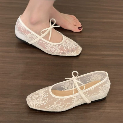 Bow Mesh Flat Mary Jane Shoes