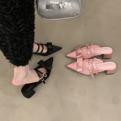 Pointed Mary Heel Toe Mules Bow Chunky Jane