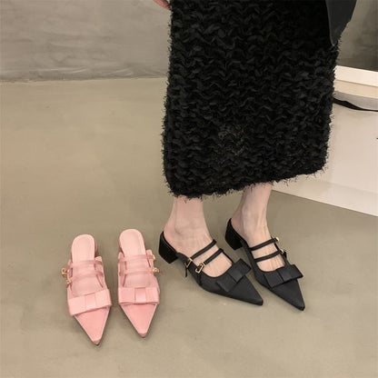 Pointed Mary Heel Toe Mules Bow Chunky Jane