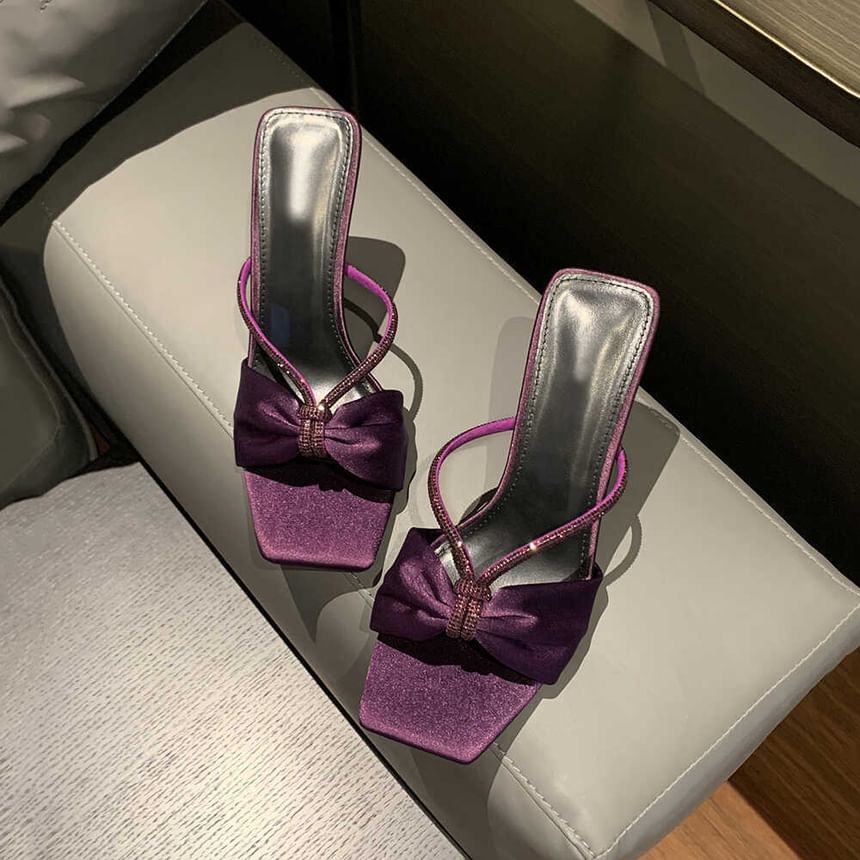 Bow Rhinestone Stiletto Heel Slide Sandals