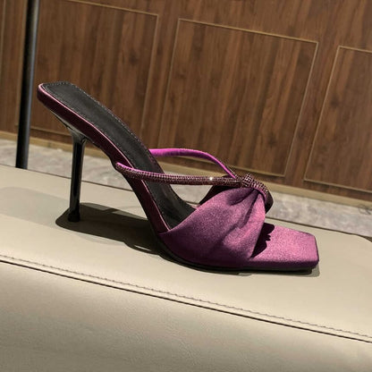 Bow Rhinestone Stiletto Heel Slide Sandals