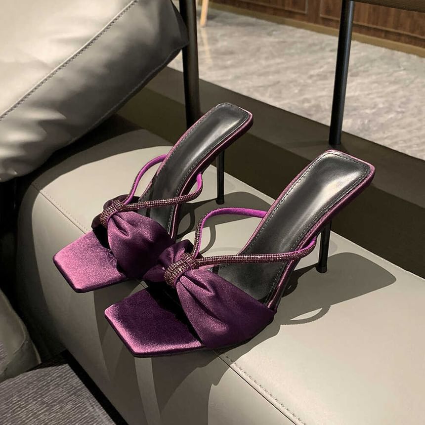 Bow Rhinestone Stiletto Heel Slide Sandals